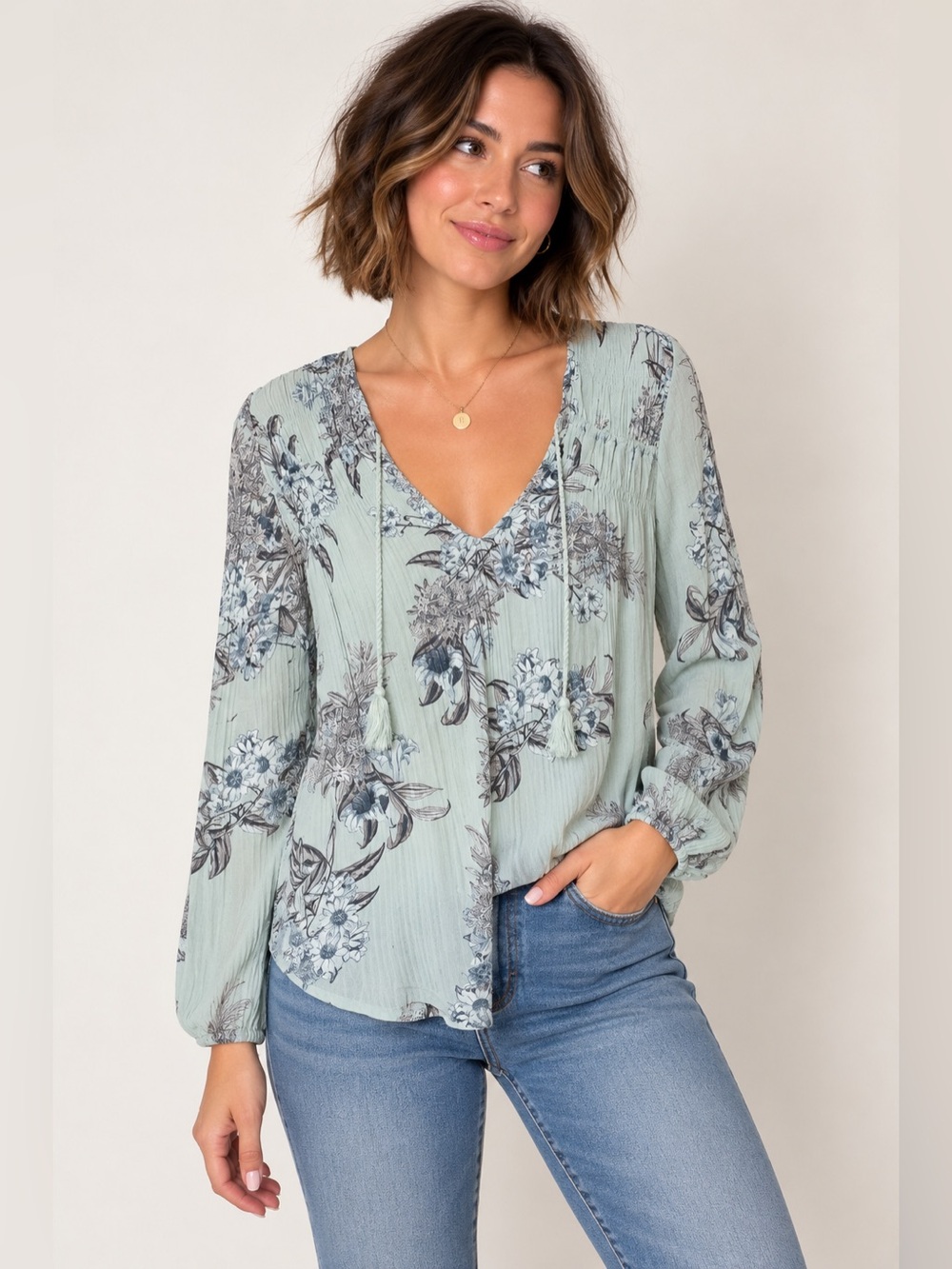 Lucky Brand Floral Boho Tassel Peasant Blouse Blue Green Size M